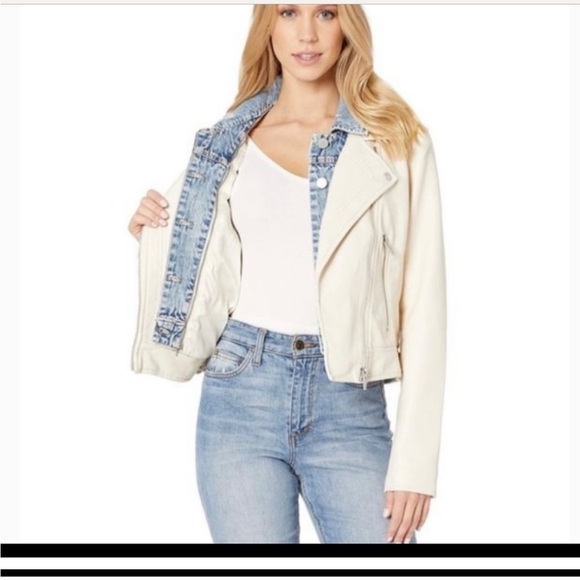 BLANK-NYC Cream white vegan leather jacket with removable denim collar. - Picture 3 of 15